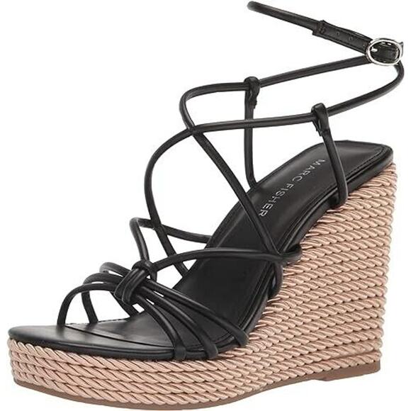 MARC FISHER | Women's 8 Strappy Black Boho Vegan Woven Wedge Zarah Sandals - Picture 1 of 10